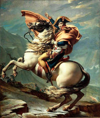 Napoléon crossing the Alps, by Jacques-Louis David. Notice the names of Hannibal and Charlemagne in the rocks below.